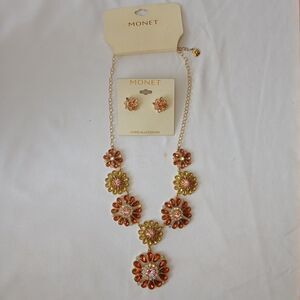 Monet Statement Rhinestone & Pearl Silver Tone Floral Necklace & Earring Set New
